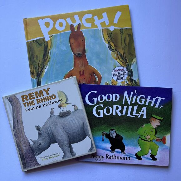 Set Of 3 Childrens Books Hardcover Remy the Rhino Good Night Gorilla and Pouch - Picture 1 of 10